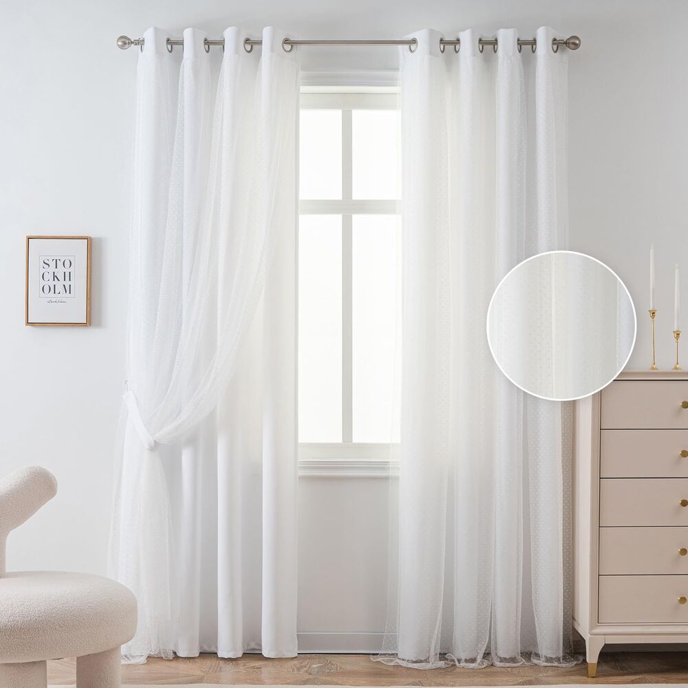Set of 2 Curtain Panels, 52x95", White Curtains Double Layer Sheer w/ Polka Dots
